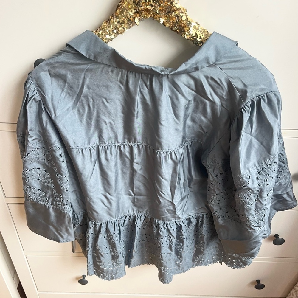Rebecca Taylor Tie Keyhole Embroidered Eyelet Silk Peplum Top - Picture 3 of 8
